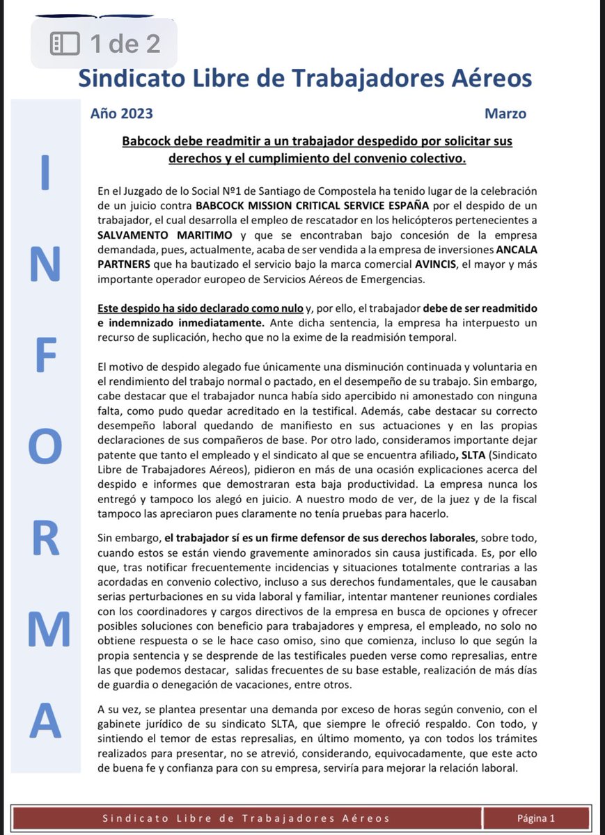 sindicato_SLTA's tweet image. #AVINCIS antigua #BABCOCK obligada a readmitir a un trabajador por despido NULO. #AvincisStrike #AvincisEnHuelga @AncalaPartners
