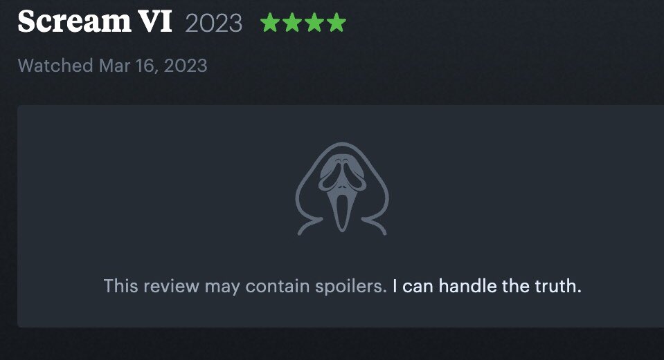 Chai2_94's tweet photo. Well played @letterboxd.

#Scream  #Scream6 https://t.co/uEyxvg4Xsv