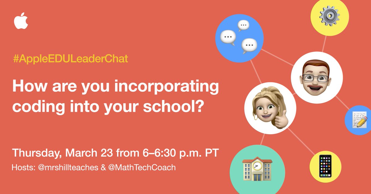 🎉Thank you @LottieDowlingNZ, @hsingmaster, and @elemenous for an amazing collaborative #AppleEDULeaderChat | #GlobalEDChat on global service learning!

Please join next week for How are you incorporating coding into your school? Hosted by @MathTechCoach and @mrshillteaches