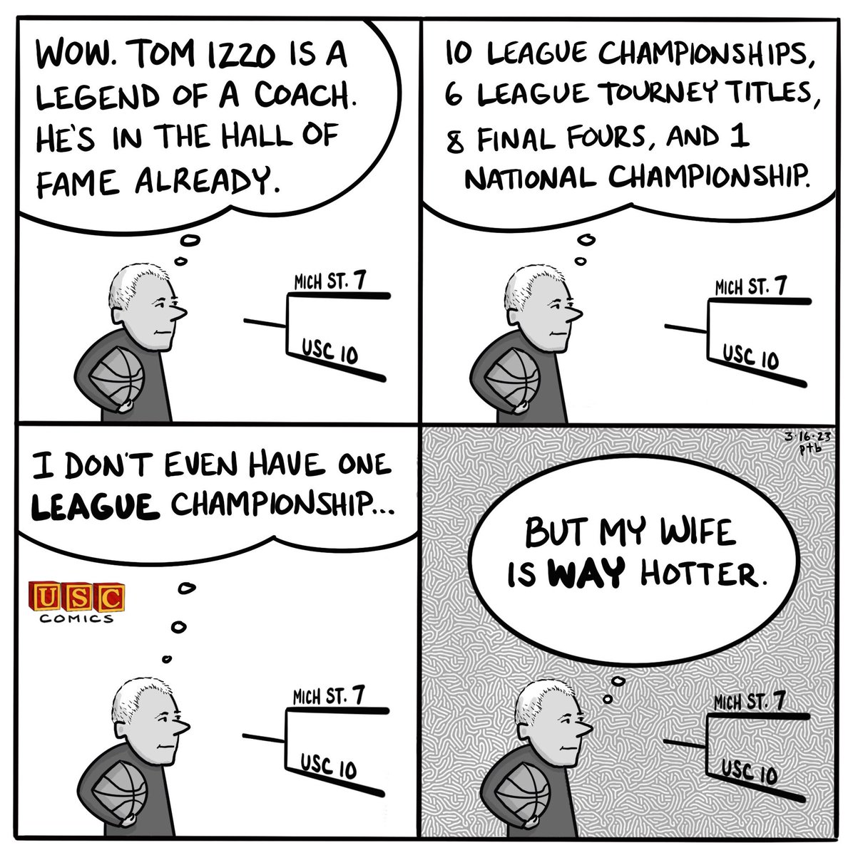UscComics's tweet photo. Even when he’s losing, Coach is winning. @USC_Hoops @ThePeristyle @ShotgunSpr #usc #uscbasketball #marchmadness #fighton ✌️ https://t.co/EToQkerLHp