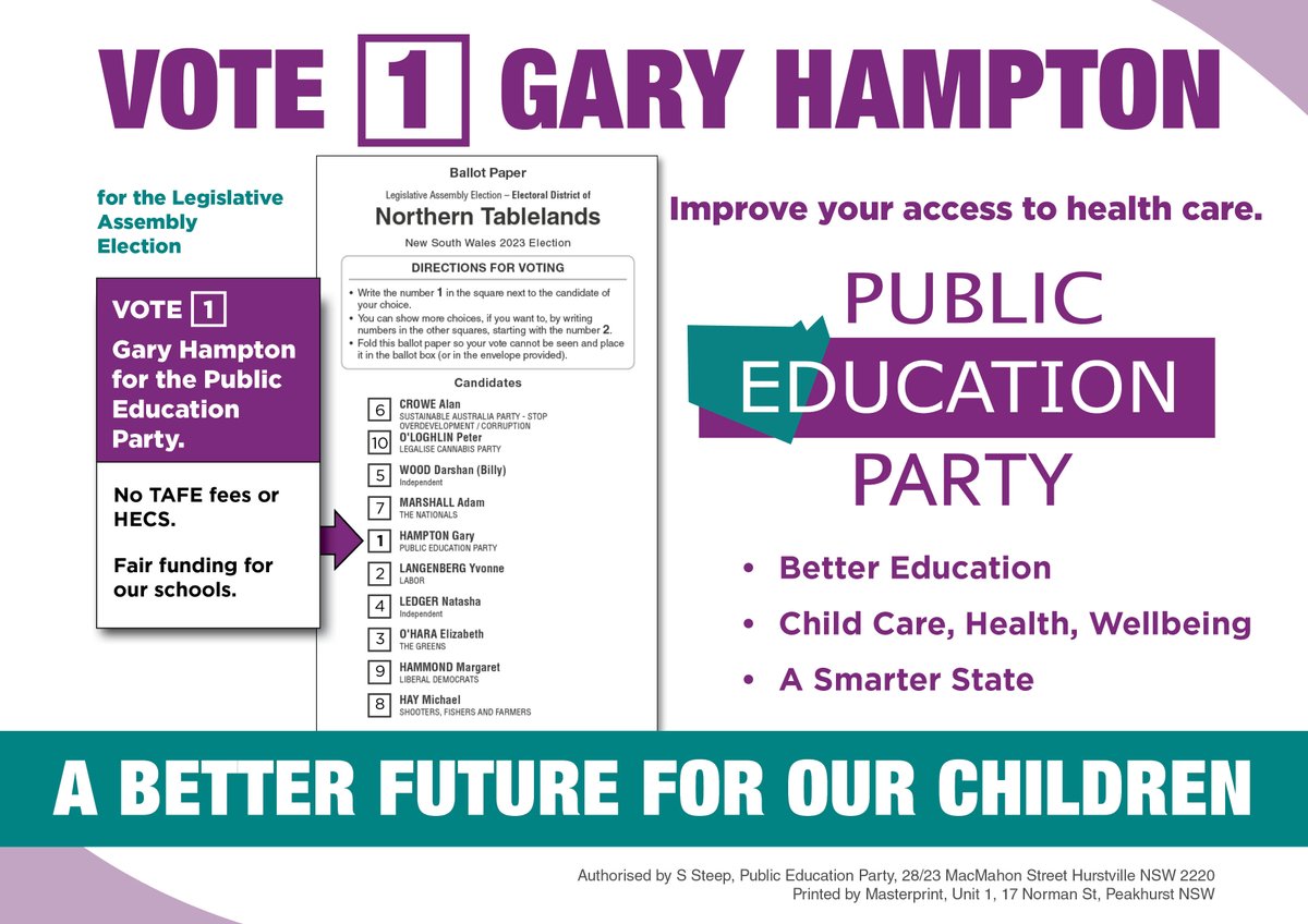 A better future for our children - vote 1 for the #PublicEducation Party.  Gary Hampton for the #NorthernTableland. Download and access our how-to-vote guides:
publiceducationparty.org.au/our_candidates
#NSWVotes #NSWElection