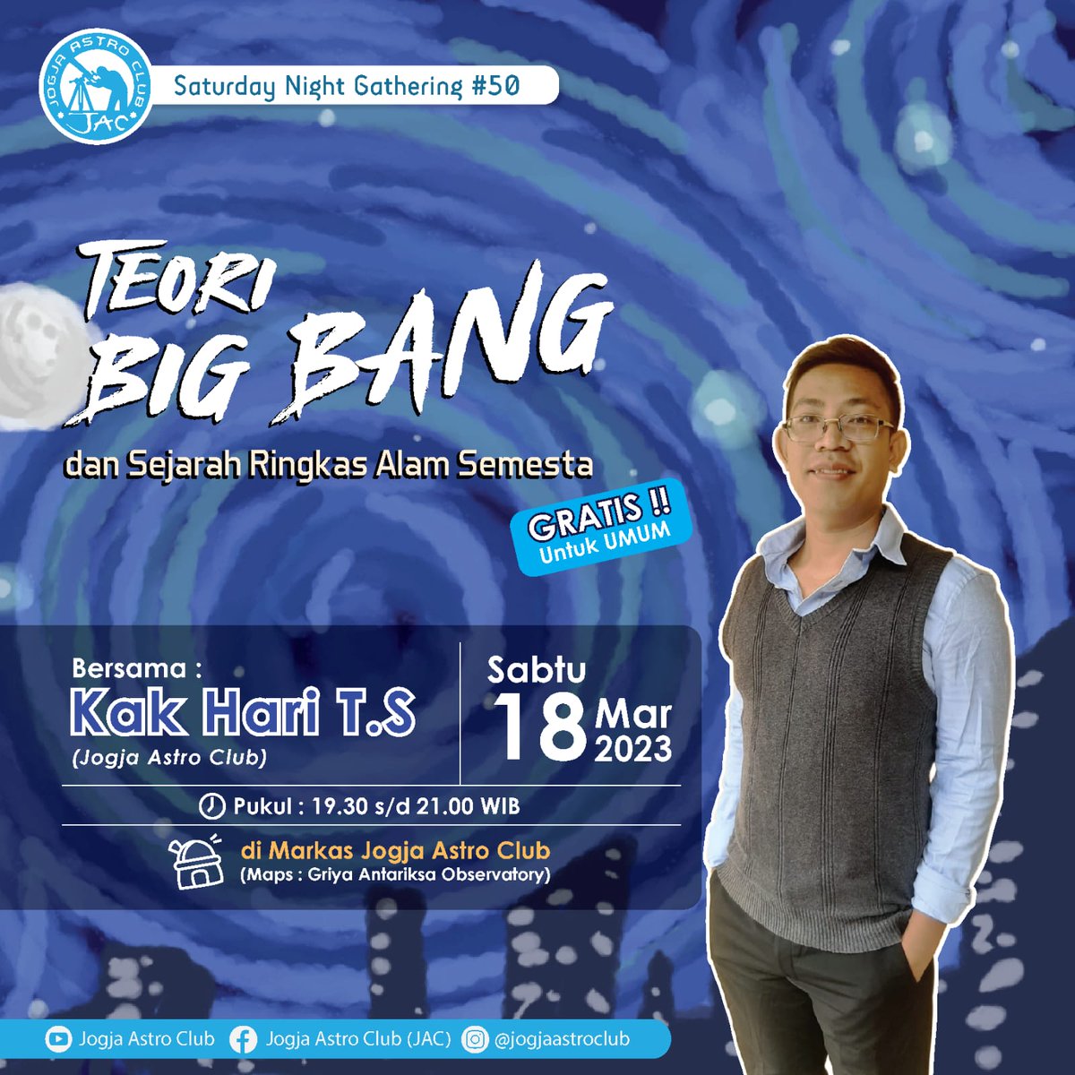 JogjaAstroClub's tweet photo. Halo teman-teman, malem minggu ini kita gathering lagi yuuk.. 👋👋

Kali ini kita akan bahas tentang Teori Big Bang dan Sejarah Ringkas Alam Semesta.

*Jika cuaca mendukung, setelah materi SNG akan dilanjutkan dg pengamatan langit.

*UMUM &amp; GRATIS!* https://t.co/u44HJzoX74