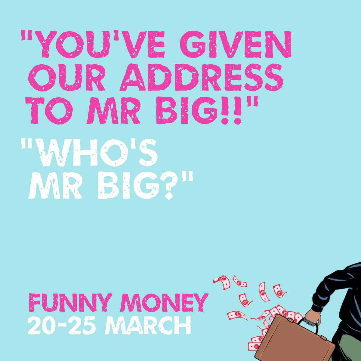 Who is Mr Big and what does he want with Henry and Jean Perkins? Oh, and what happened to the cat?

It's all going on in 'Funny Money', 
Monday 20 to Saturday 25 March, 7:30pm

Purchase your tickets today...
💻 carlislegreenroom.uk/tickets/
🎟️ Carlisle TIC, Old Town Hall. 01228 598596