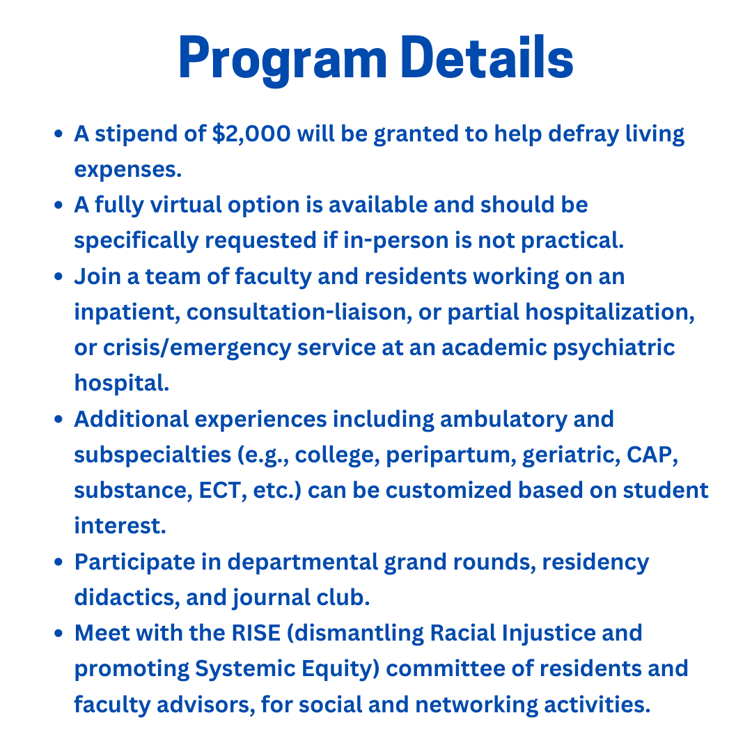 Very excited to announce Z-VESUP (ZHH Visiting Elective for Students Underrepresented in Psychiatry) is opening applications for rising M4s!  🙌 
#psychiatry #DEI #psychtwitter