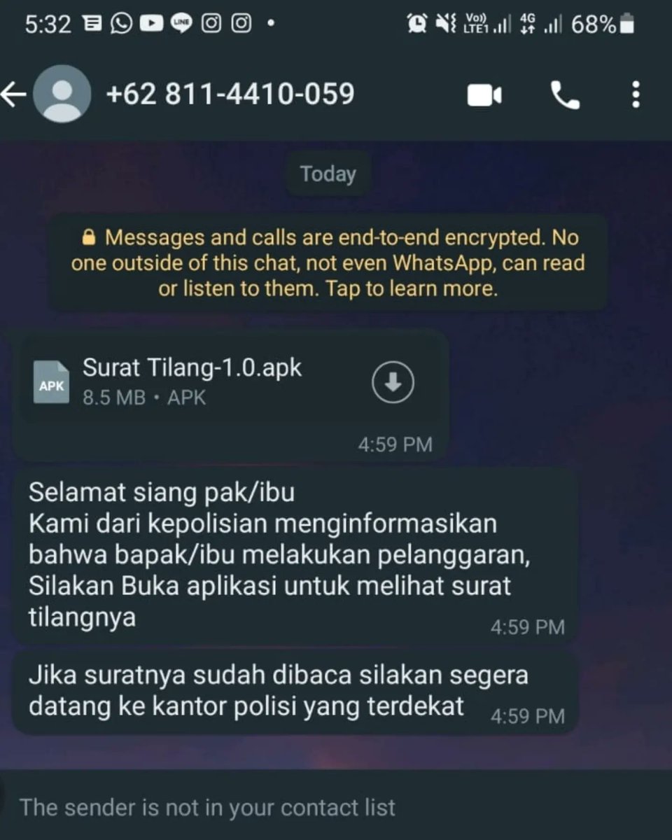 alvinlie21's tweet photo. Setelah modus undangan dan kurir kurang efektif, sekarang penjahat yg mau membajak HP kita pakai kemasan Pemberitahuan Pelanggaran LaLin/TiLang

Jangan dibuka kalau ada file APK.
Itu aplikasi utk menyadap HP utk menguras semua saldo yg terkoneksi dgn HP kita https://t.co/PEDYN21JqR