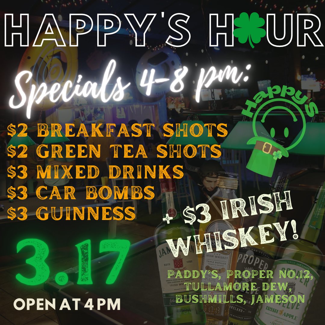 Finishing Spring Break strong by starting the weekend stronger ☘️ Join us for the first Happy’s Hour plus a St. Paddy’s Day celebration starting at 4 PM! Free cover, specialty food menu features, &amp; more specials to follow 🍻
