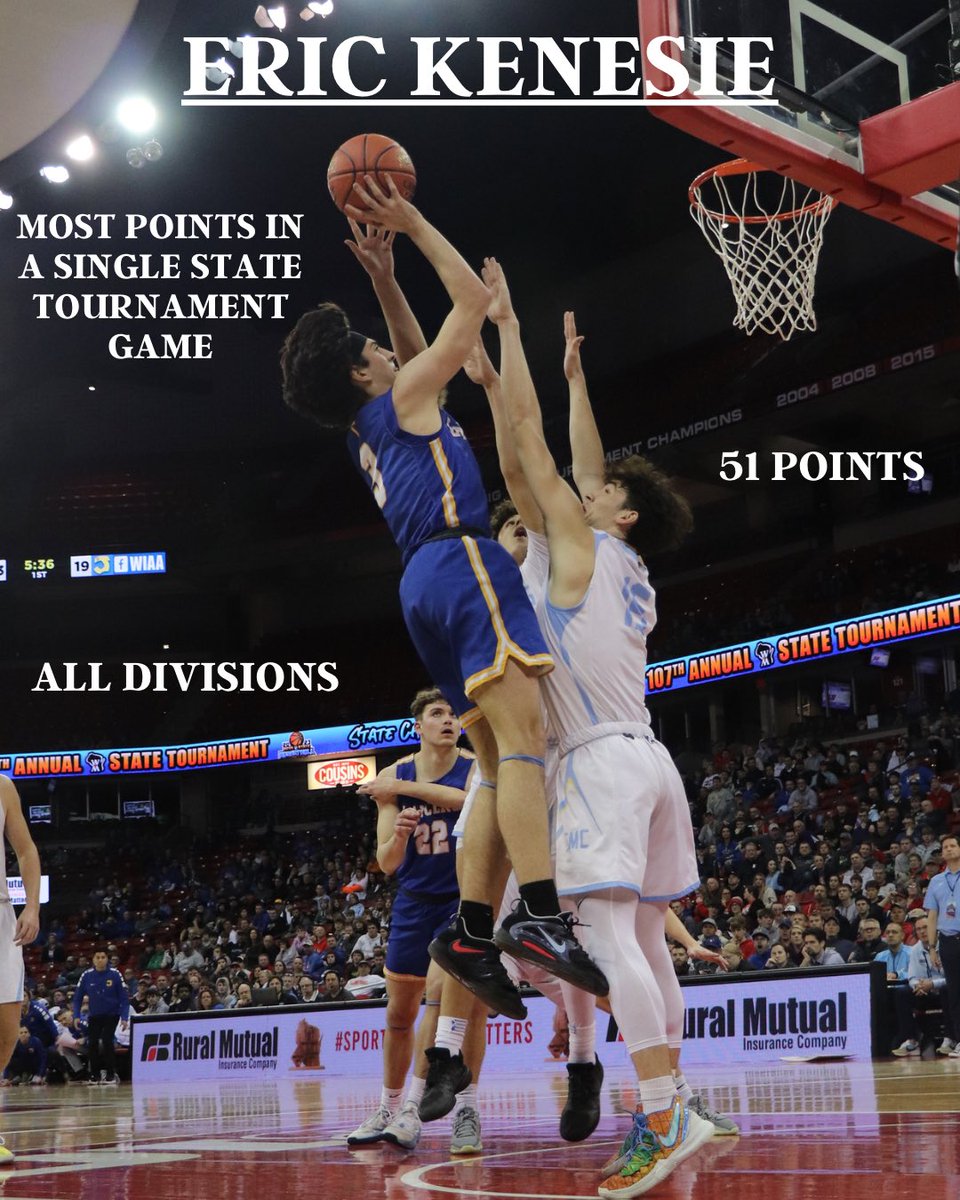 wiaawistate's tweet photo. Congratulations to Eric Kenesie @EKenesie of Kenosha St. Joseph Catholic Academy as he now holds the record for the most points in a single state tournament game-all divisions with 51 points !! #wiaabb https://t.co/JeTCZ4Ciwi