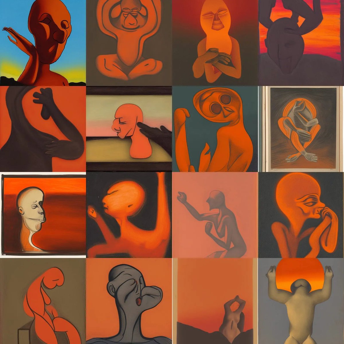 rastyrcom's tweet photo. A figure with a contorted face and hands clasped to the sides of their head, set against a fiery red and orange sky - made with NightCafe Creator  https://t.co/Niu6Nhjt9S #aiart #nightcafe #digitalart #vqganclip via @NightcafeStudio https://t.co/vmvfIa71PJ