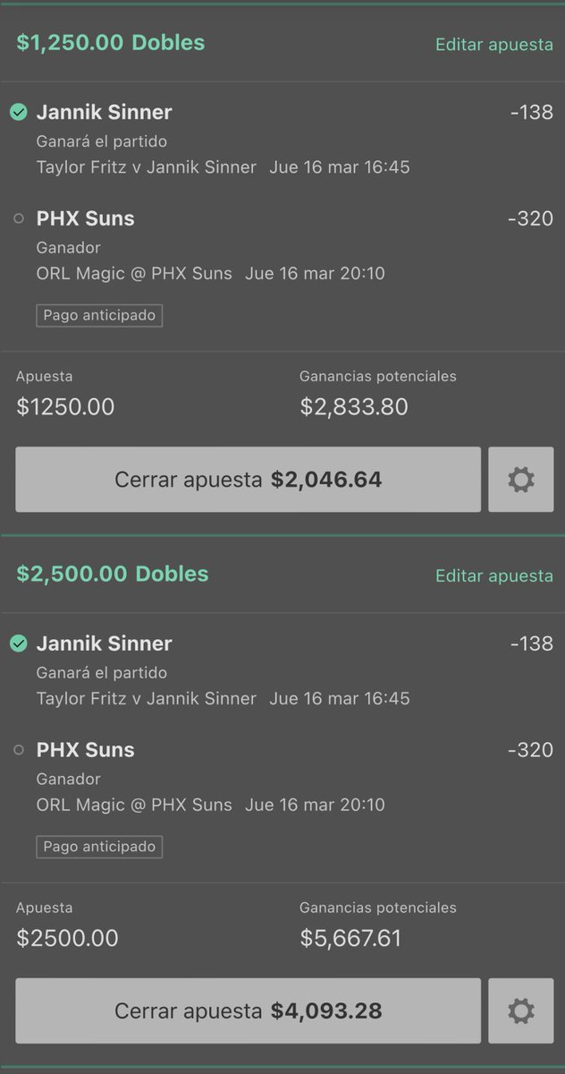 picksverdes1_'s tweet photo. Les dije que ganaba Sinner🇮🇹✅⚡️

Nos falta Suns ML para ganar el parlay, si ganan sortearé $500 💴 al terminar el partido. 

Para participar solo tienes que darle ❤️ y RT 🤙🏼

Vamos!! 🚀 #WeAreTheValley https://t.co/t0IM0cHMw6