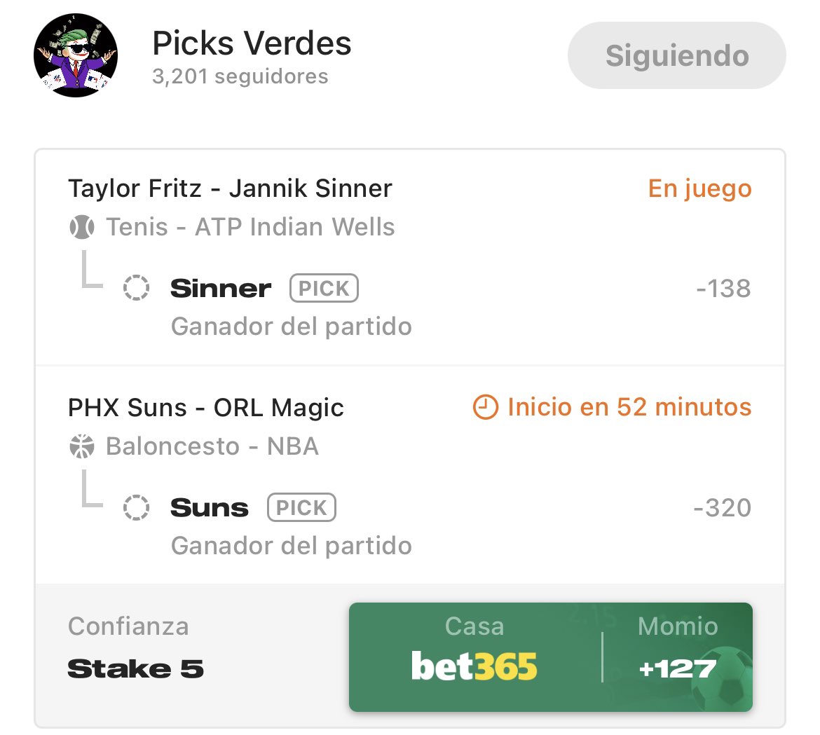 picksverdes1_'s tweet photo. Les dije que ganaba Sinner🇮🇹✅⚡️

Nos falta Suns ML para ganar el parlay, si ganan sortearé $500 💴 al terminar el partido. 

Para participar solo tienes que darle ❤️ y RT 🤙🏼

Vamos!! 🚀 #WeAreTheValley https://t.co/t0IM0cHMw6