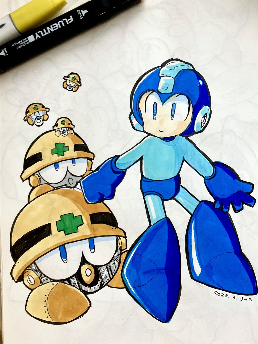 mega man (character) helmet blue eyes marker (medium) traditional media male focus dated robot  illustration images