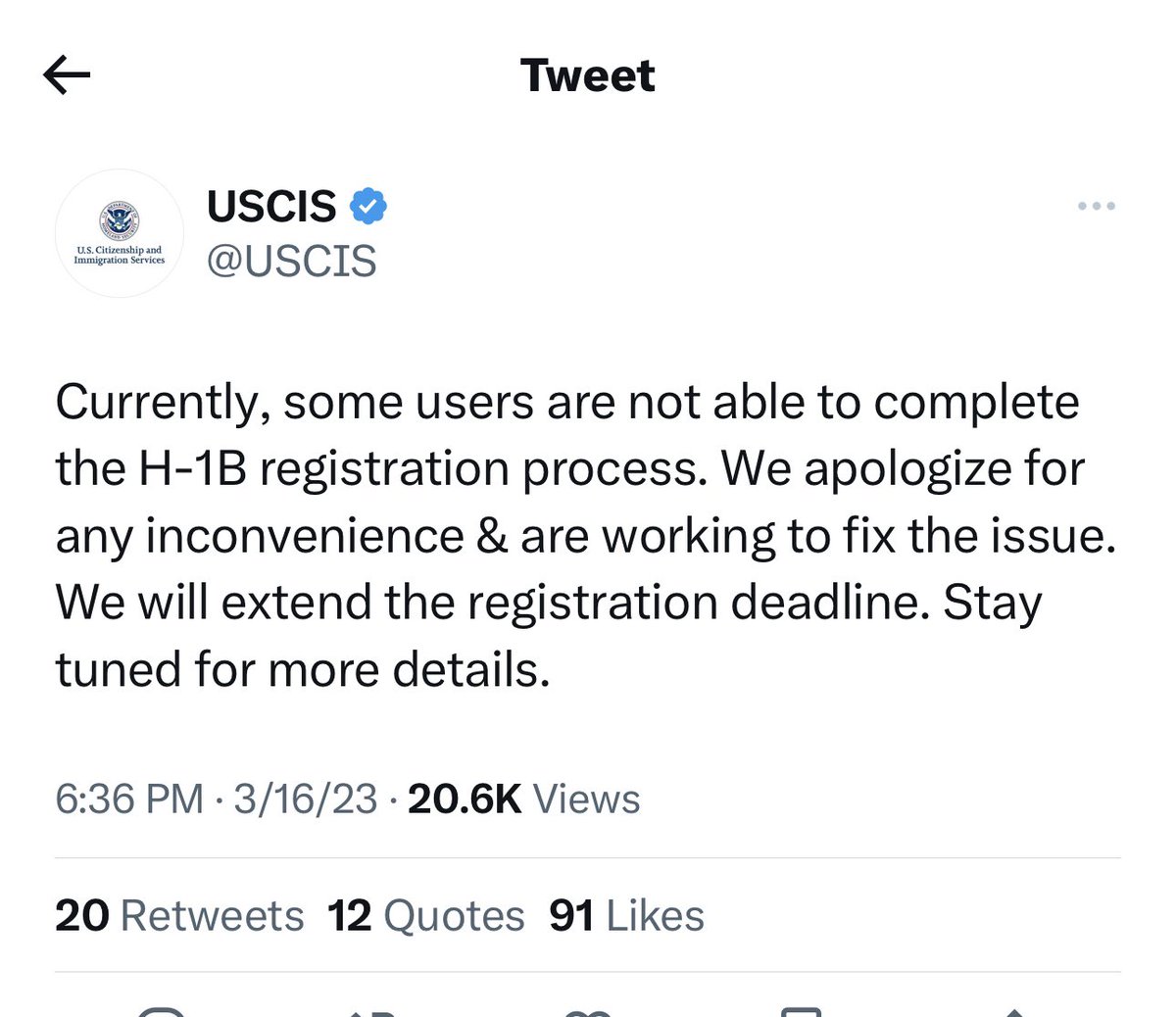 In case any employer or attorney had trouble submitting 2023 H-1B registrations, USCIS says it is working to fix it!

#h1bvisa #h1bcap #h1b2023 #h1b #workvisa #skilledworkervisa #h1bsponsorship #immigration