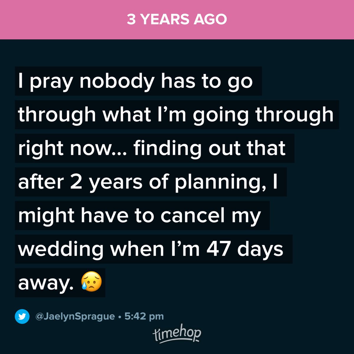JaelynSprague's tweet photo. Back when I thought the worst thing that could happen to a couple is having to cancel their wedding… boy did I have a lot of learning to do. https://t.co/DG8O38dzCm