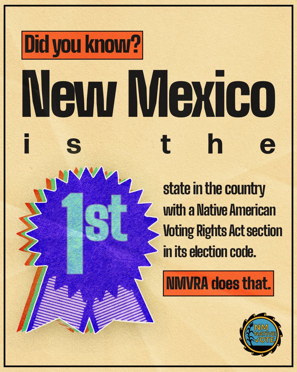 🤔 New Mexico is the first in the nation to codify protections for Indigenous voters, with several provisions within the larger #NMVRA passed by the Legislature this session.

Stay tuned for more information on how the NMVRA can help you.

#NativeVote #NMLeg #HB4