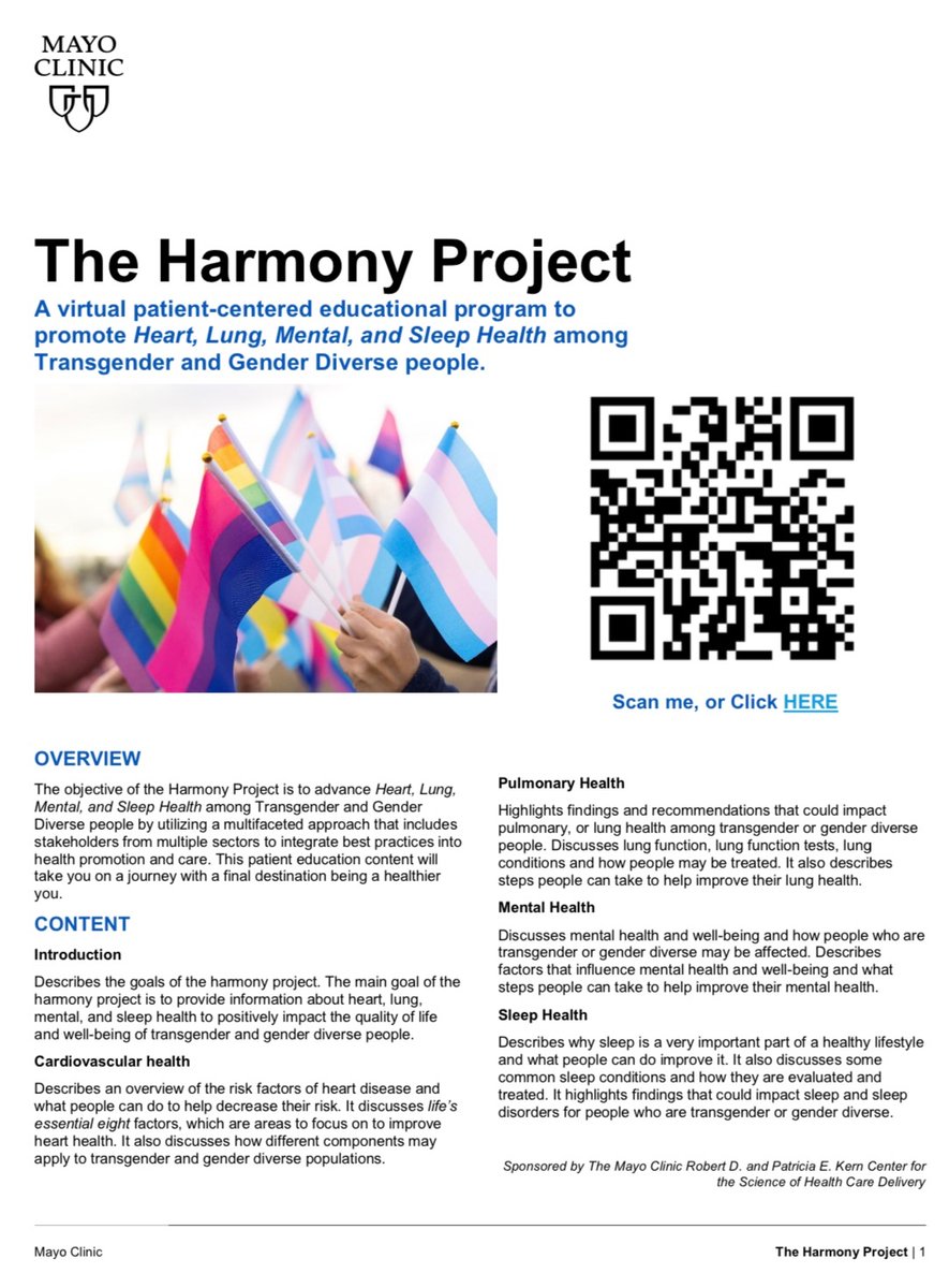 DrCesarGonzalez's tweet image. 🌈 The #HarmonyProject @MayoClinic includes videos on promoting Heart, Lung, Mental, and Sleep Health among Transgender and Gender Diverse individuals! 🫀🫁🧠💤 Inclusive healthcare led by @DrivingPressure   #TransHealth #InclusiveHealthcare 🏳️‍⚧️ mayoclinic.org/patient-educat…