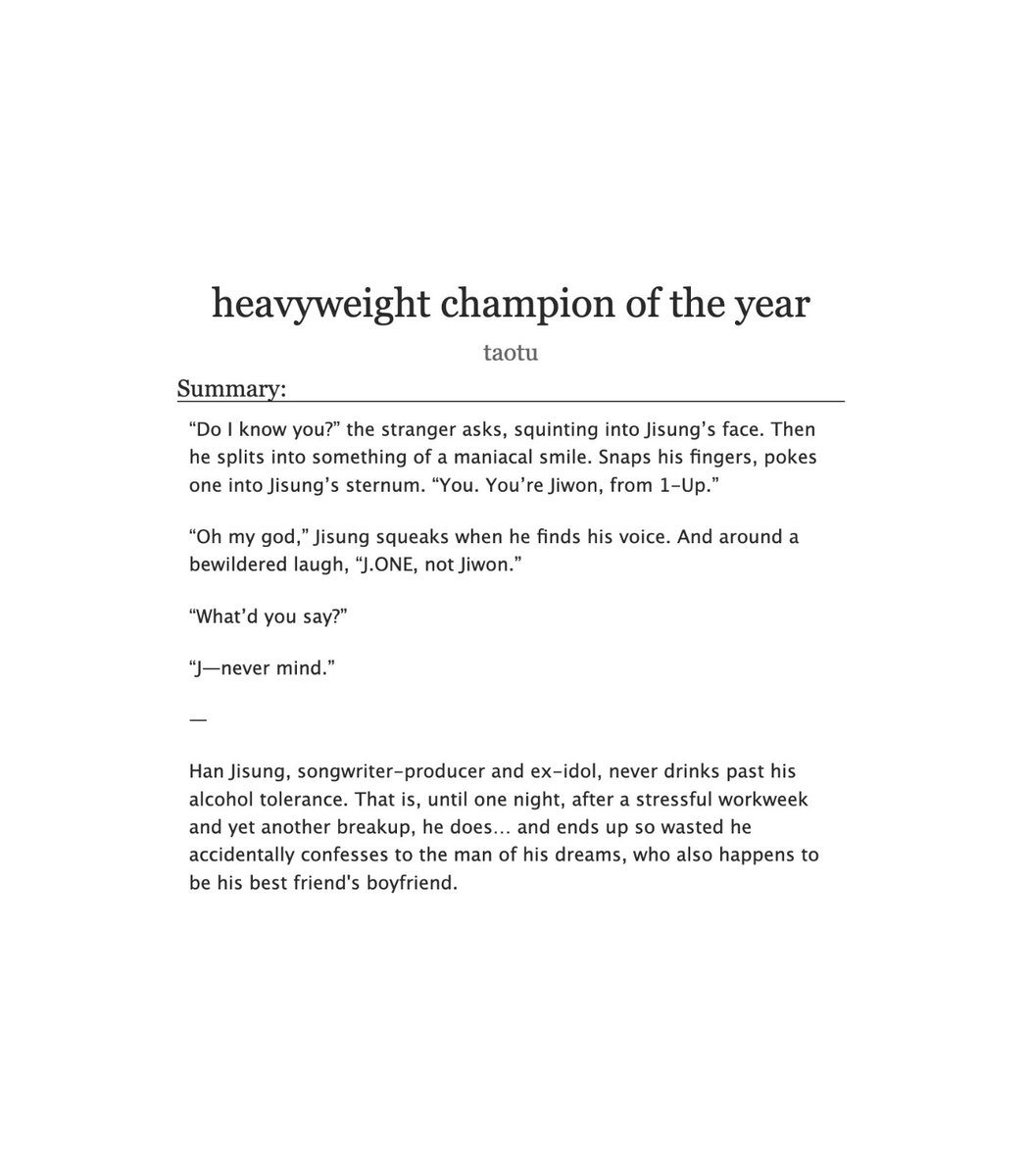taotuz's tweet photo. heavyweight champion of the year

☔️ endgame mnsvng, side hyvnho
☔️ rated E, 41.8k
☔️ jsvng and mnho were both once idols, and cross paths years later. but by the time jsvng confesses to mnho… he’s dating jsvng’s best friend, hyvnjin
☔️ for @minsungficathon

link below ↓ https://t.co/NixQmMfqTK