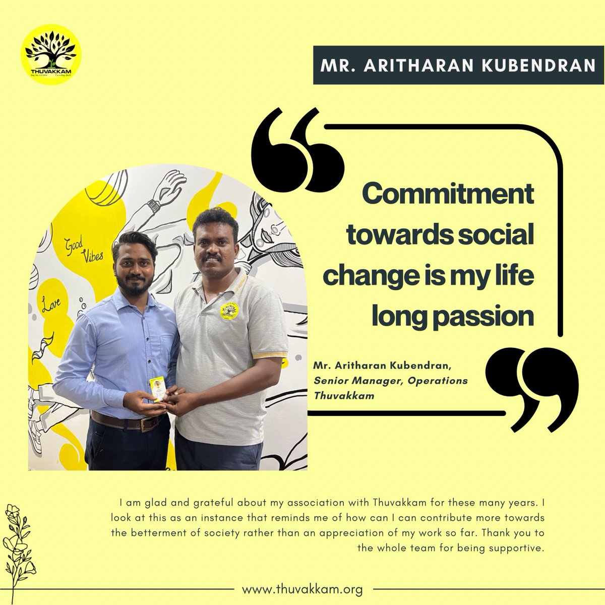 Thuvakkam's tweet photo. @Thuvakkam as an organisation was initiated and is being built with valuable human resources.

We are privileged and honoured to have Mr. @tharank_ari in the team and congratulates him on his promotion to Senior Manager- Operations, Thuvakkam. https://t.co/Vs1bHz1xbZ