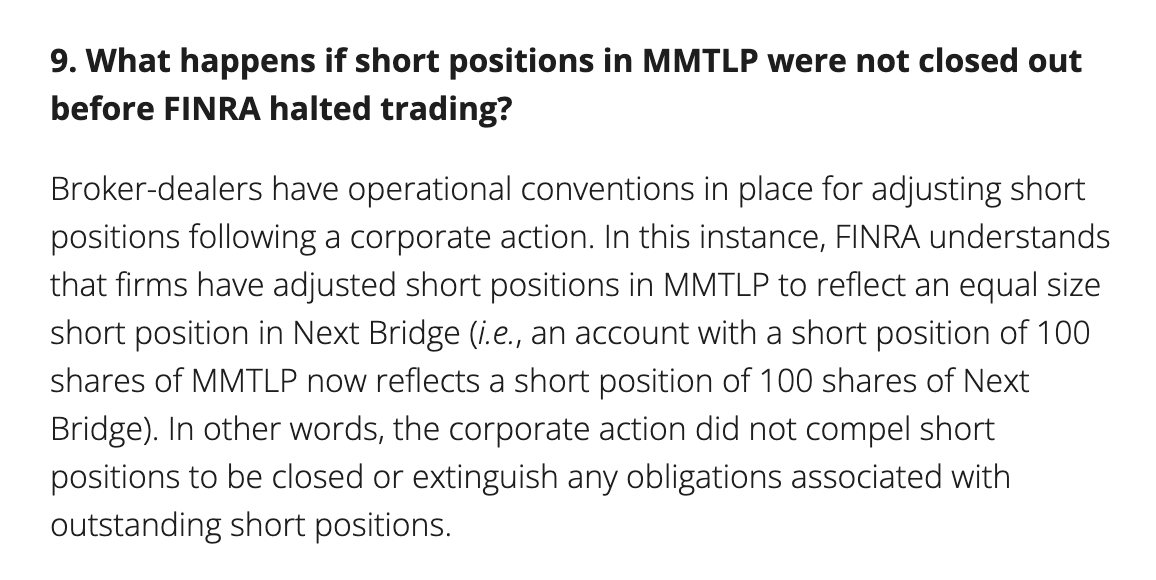 rogerhamilton's tweet image. I did $MMTLP DD on @FINRA and it's pretty clear. Look 👓 "FINRA understands that firms have adjusted short positions in MMTLP to reflect an equal size short position in Next Bridge" So basically #NotOurProblem all the #NakedShorts are now in a private company 👍 Oh but wait...WTF