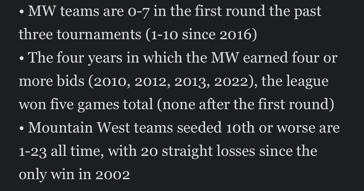 Brody__'s tweet photo. The NCAA Tournament Committee might need to rethink how they view the Mountain West Conference. Updated records… 1-10 (2-13), 6 games total in 5 years (and counting if SDSU wins any more games), 1-26 (23 straight) https://t.co/Mfp1q4Z044