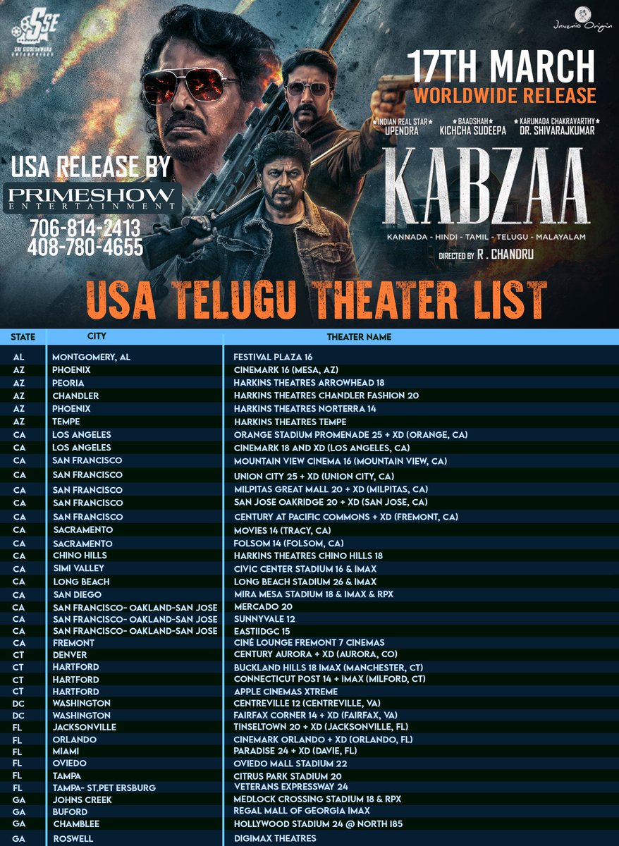 #Kabzaa TELUGU USA 🇺🇸Theatre list. 

USA 🇺🇸 Release by <a href="/Primeshowtweets/">Primeshow Entertainment</a> 
#PrimeShowEntertainment 

#KabzaaFromMarch17 
#KabzaaFromTomorrow 
#KabzaaTheBigThingFromKFI

@rchandru_movies <a href="/anandpandit63/">Anand Pandit</a> <a href="/nimmaupendra/">Upendra</a> <a href="/KicchaSudeep/">Kichcha Sudeepa</a> <a href="/NimmaShivanna/">DrShivaRajkumar</a> <a href="/shriya1109/">Shriya Saran</a>