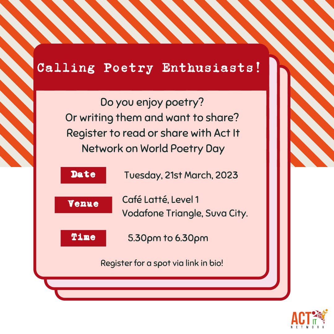 act_itnetwork's tweet photo. Register to be a part. See you there!
#WorldPoetryDay #poetrylovers #TeamFiji https://t.co/uvdL95PsPs