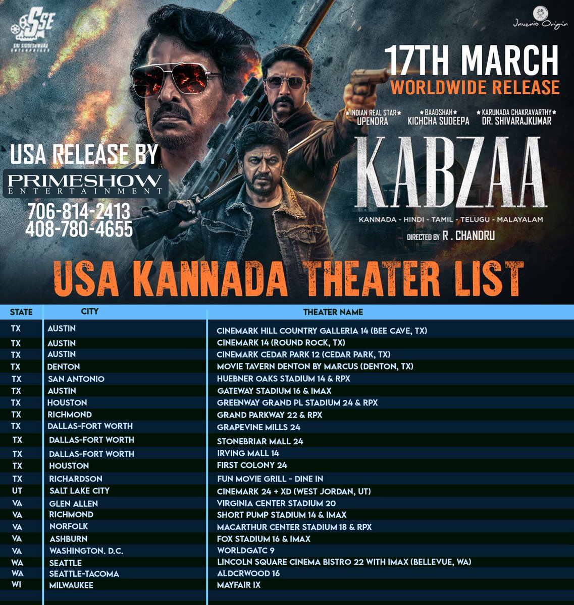 #Kabzaa KANNADA USA 🇺🇸Theatre list. 

USA 🇺🇸 Release by <a href="/Primeshowtweets/">Primeshow Entertainment</a> 
#PrimeShowEntertainment 

#KabzaaFromMarch17 
#KabzaaFromTomorrow 
#KabzaaTheBigThingFromKFI

@rchandru_movies <a href="/anandpandit63/">Anand Pandit</a> <a href="/nimmaupendra/">Upendra</a> <a href="/KicchaSudeep/">Kichcha Sudeepa</a> <a href="/NimmaShivanna/">DrShivaRajkumar</a> <a href="/shriya1109/">Shriya Saran</a>