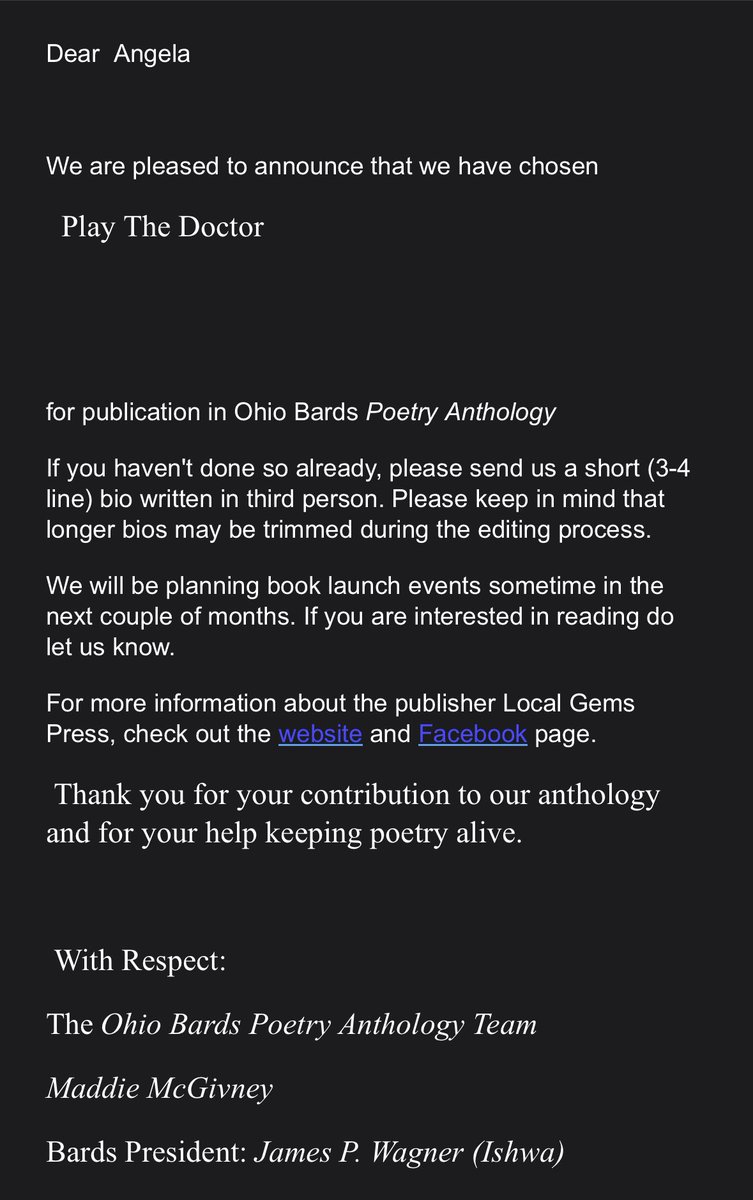 I’m getting published in an anthology book for Ohio poets!! I’m super stoked!! I’m grateful for the opportunity!!