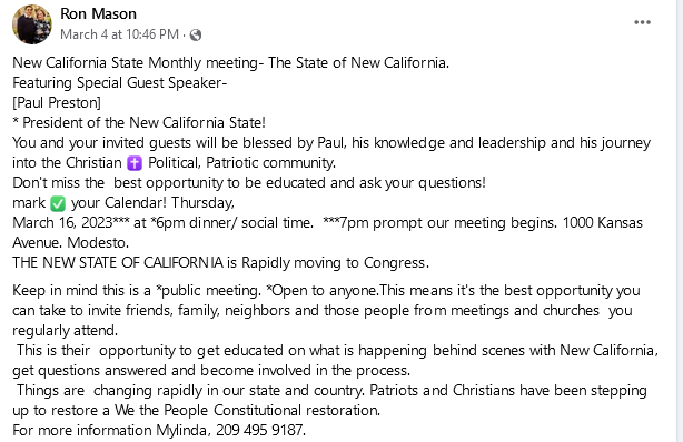 White nationalist and anti-Semitic organizers of 'Straight Pride' rally are holding meeting tonight in #Modesto at Donkey's Bar and Grill on Kansas Ave - fav meeting spot of Mylinda Mason - under banner of the 'New State of California.' 

Call (209) 408-8570 to raise concerns.