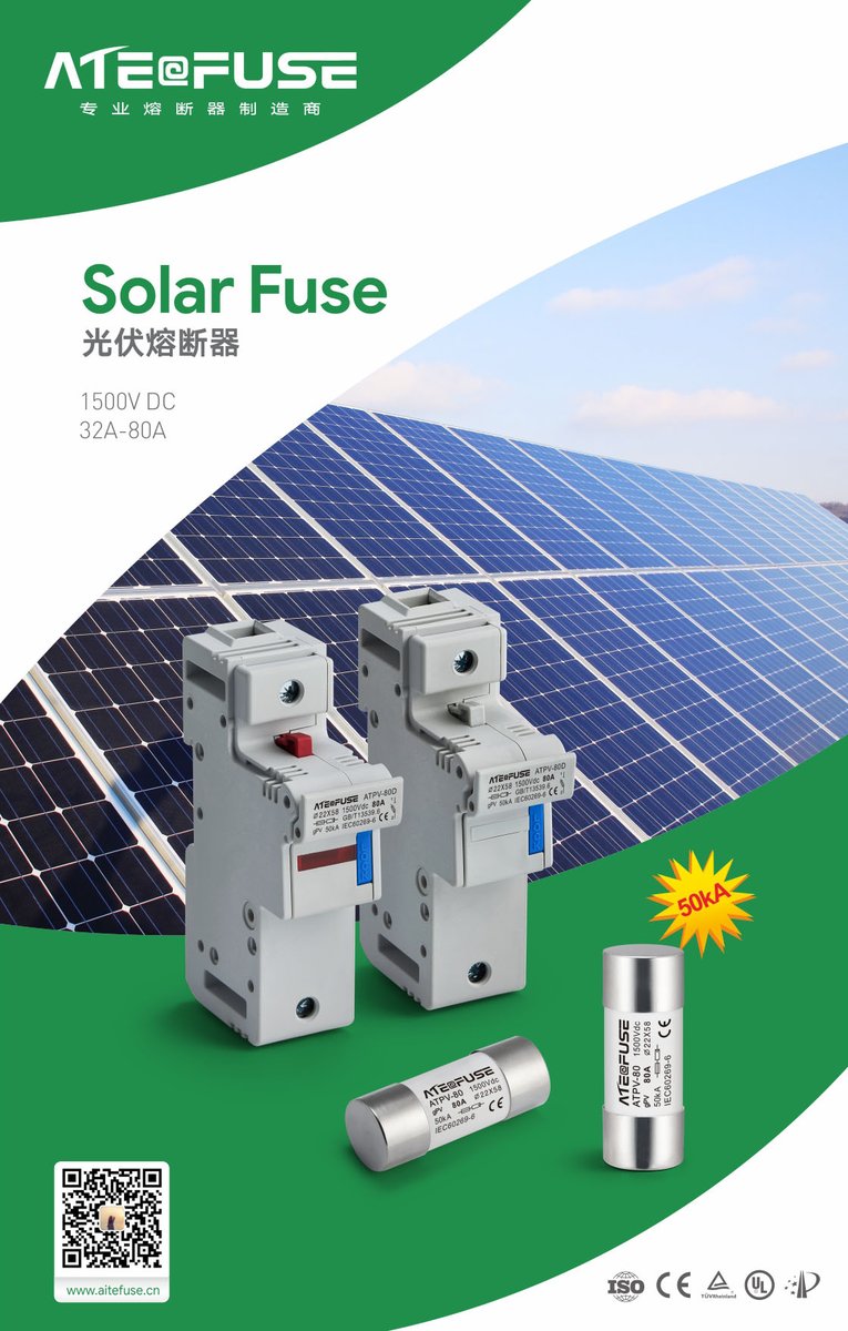 ElysiaSmsipc's tweet image. AITE fuse series is fast-acting with a high DC voltage rating.
This family of Midget-style fuses (10 x 38 / 10x85/ 14x85 mm) is used in pv combiner boxes and in circuits with DC fault currents, fuses 10 x 38 mm up to 33,000 amperes, fuses 10x85 mm/ 14x85 mm up to 50,000 amperes.