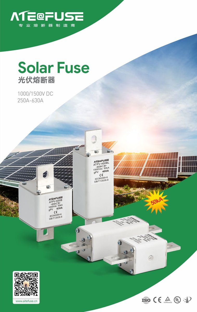 ElysiaSmsipc's tweet image. AITE fuse series is fast-acting with a high DC voltage rating.
This family of Midget-style fuses (10 x 38 / 10x85/ 14x85 mm) is used in pv combiner boxes and in circuits with DC fault currents, fuses 10 x 38 mm up to 33,000 amperes, fuses 10x85 mm/ 14x85 mm up to 50,000 amperes.