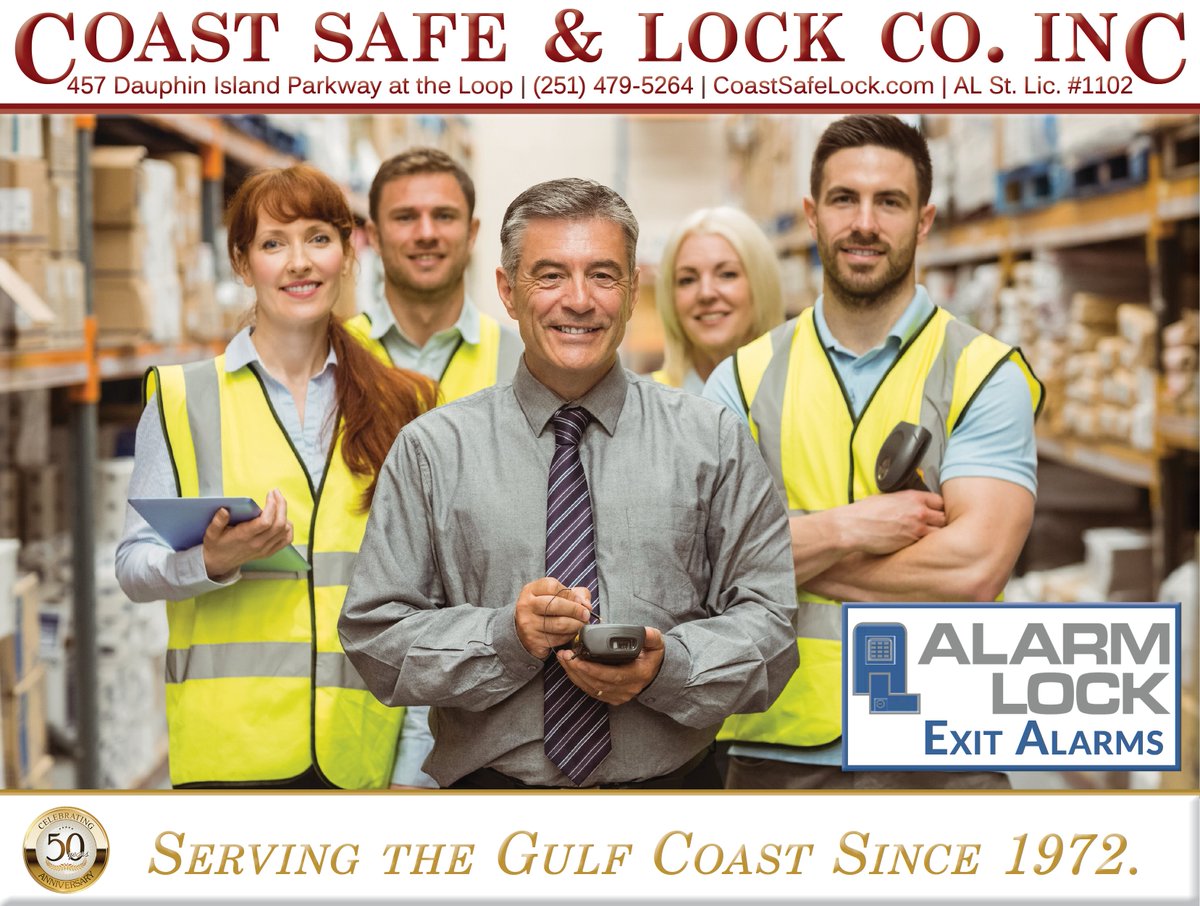 CoastSafeLock's tweet image. Coast Safe &amp;amp; Lock is Mobile’s choice for #ExitAlarms. Protect your staff and assets with an #AlarmLock brand #SirenLock™.  These UL Listed panic alarm deadbolt devices can restrict unauthorized use of exit doors and provide instant egress during an emergency. #Locksmith