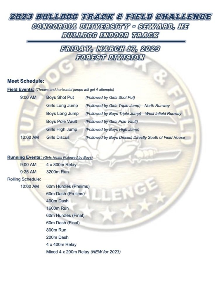 Here is the schedule of events for the Concordia Invite tomorrow starting at 9:00 AM. Due to weather, there will be no discus tomorrow. Please follow the link to watch events live:

cune.edu/athletics/team…