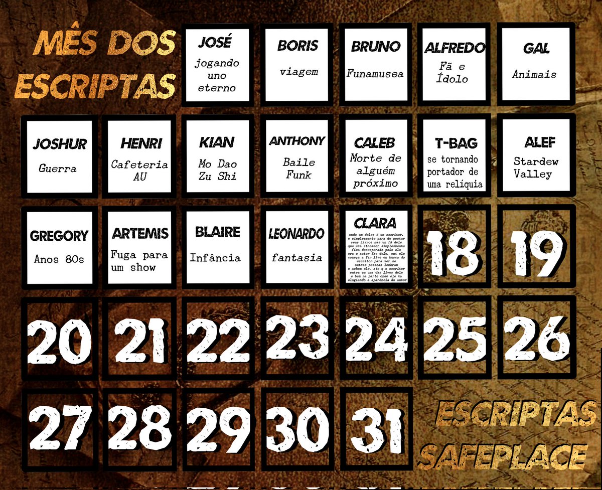 SAFESCRIPTA's tweet photo. O TEMA DO DIA 17 é um pouco específico e eu não lembro qual adm escolheu... Boa sorte pra quem quiser fazer algo.

Interações usando: #EscriptasStans #EscriptasMonth #EscriptaMonth https://t.co/LpzlrCJkHS