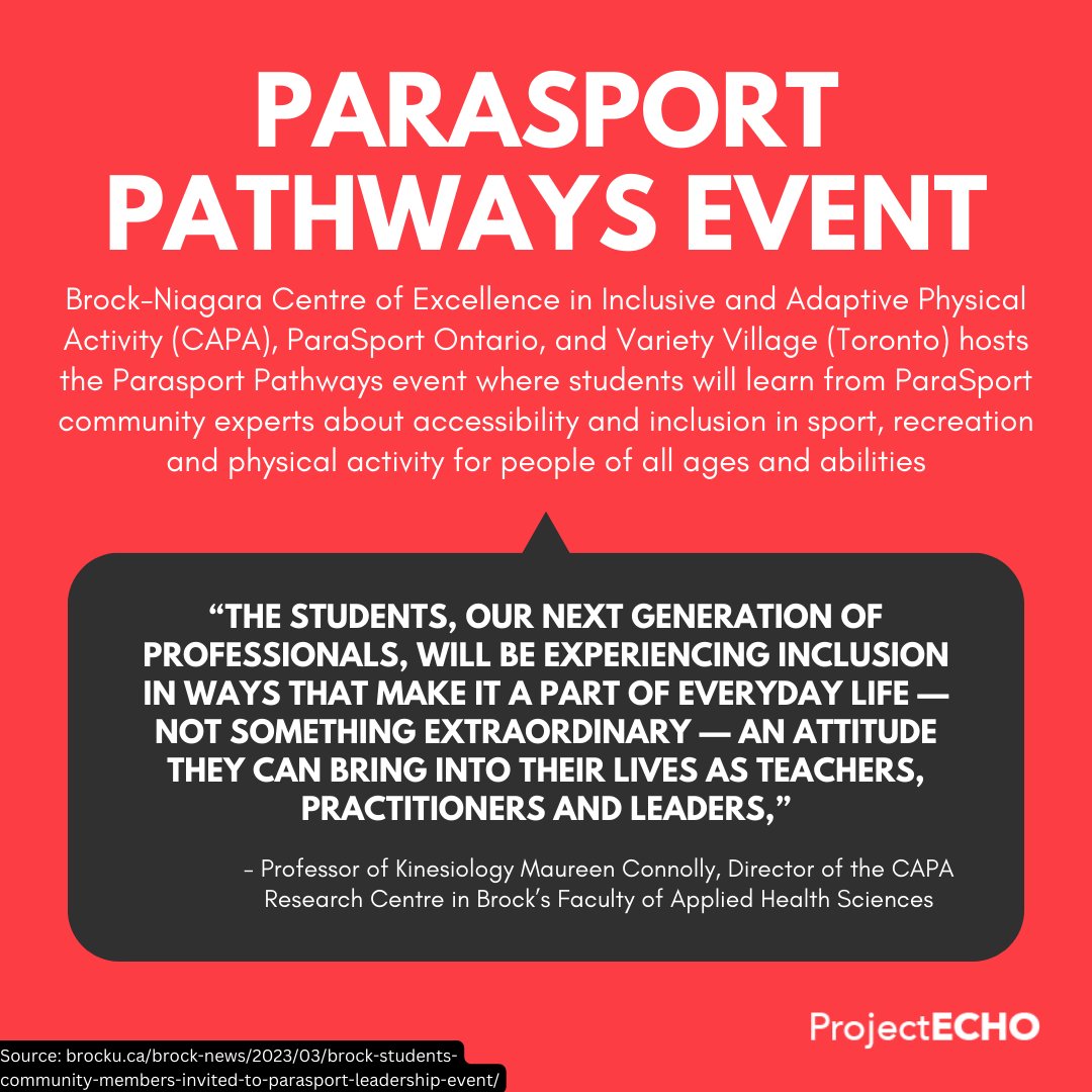 projectecho2020's tweet image. In the past, the #Parasport Pathways event has been presented to more than 5,000 students and professionals. Share your thoughts at theechoproject.org. Learn more: parasportniagara.ca/parasport-path…

Source: brocku.ca/brock-news/202…
#parasportOntario #Brock #BrockNiagara #varietyvillage