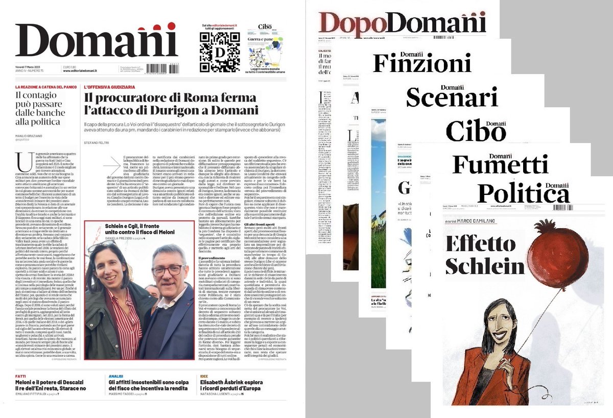 #17marzo buon venerdì in prima pagina su @DomaniGiornale: editoriale di #ManlioGraziano, apertura del diretòr, fotonotizia di @DanielaPreziosi, richiami @EmiFittipaldi, @MTaddei, #NataschaLusenti + supplementi #DopoDomani (doppio), #Finzioni, #Scenari, #Cibo, #Fumetti, #Politica