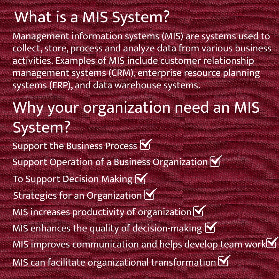 What is an MIS 💾 ? 
A management information system (MIS) 🌐 is a computer system consisting of hardware and software that serves as the backbone of an organization's operations.
#cyborgerp #erp #software #business #LMSsoftware #technology #crm #sap #o #erpsystem #erpsolutions