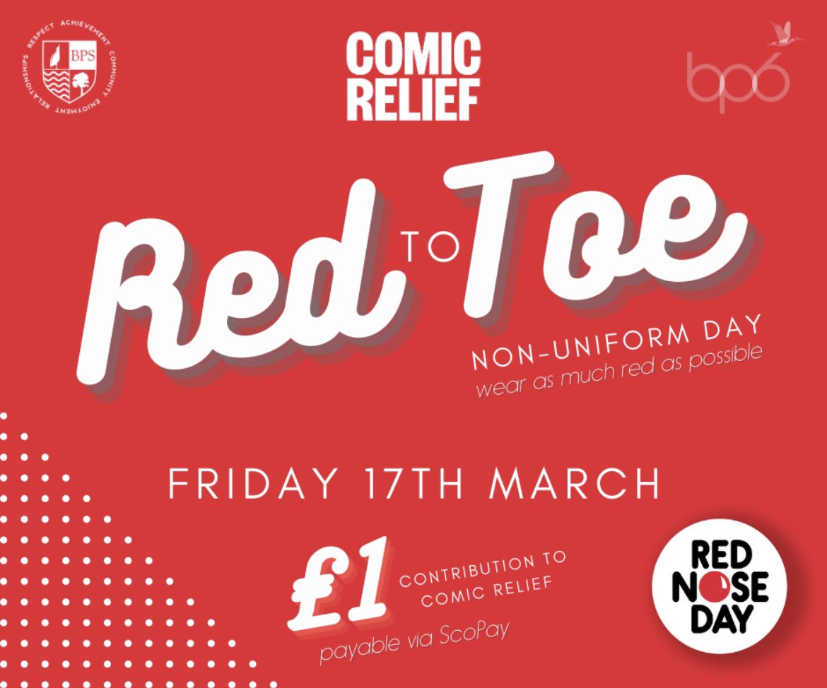 Sport_BPS's tweet photo. 🔴Don’t forget your 50p’s and £1’s for todays Comic Relief sport challenges! A great opportunity to raise money for a fantastic organisation whilst having fun🔴 https://t.co/Ml9l6TOYhO