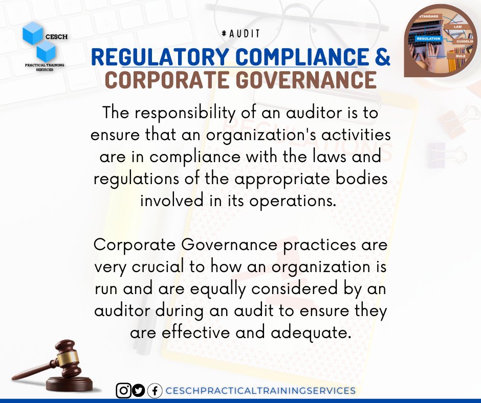 CESCHPTServices's tweet photo. Audit: Regulatory Compliance &amp; Corporate Governance

Regulatory Compliance &amp; Corporate Governance are compulsory aspects that an auditor must consider in his audit exercise to ensure its effectiveness and the quality of financial reporting.

#audit #corporategovernance https://t.co/XHH52BL8VL