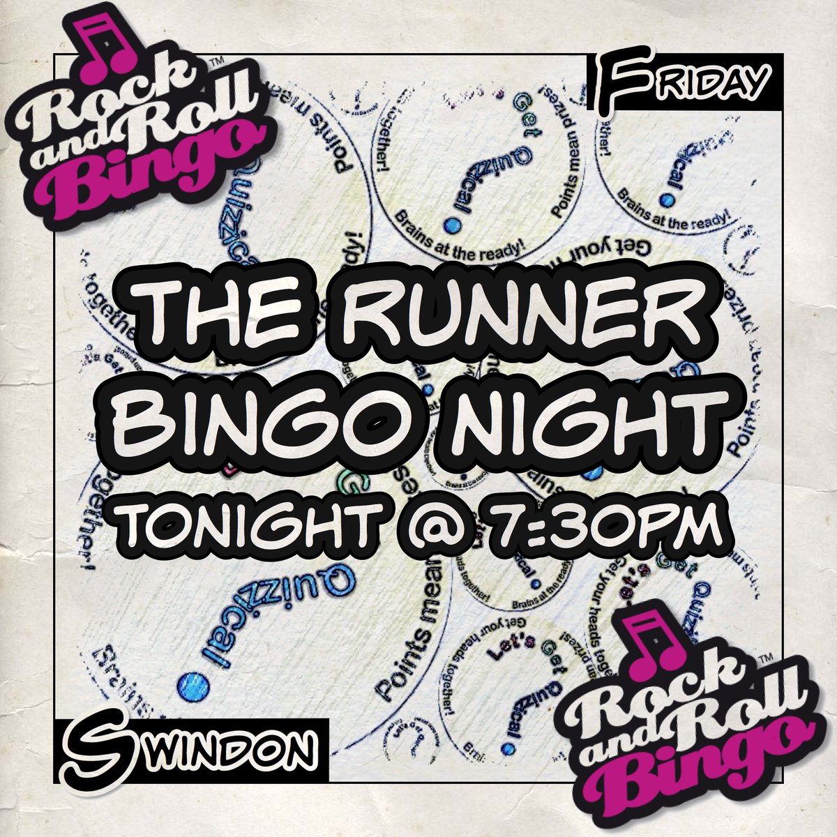 It’s #RockAndRollBingo at #TheRunner in #Swindon tonight! 7:30pm start for a night of #Music #Bingo with cash to be won