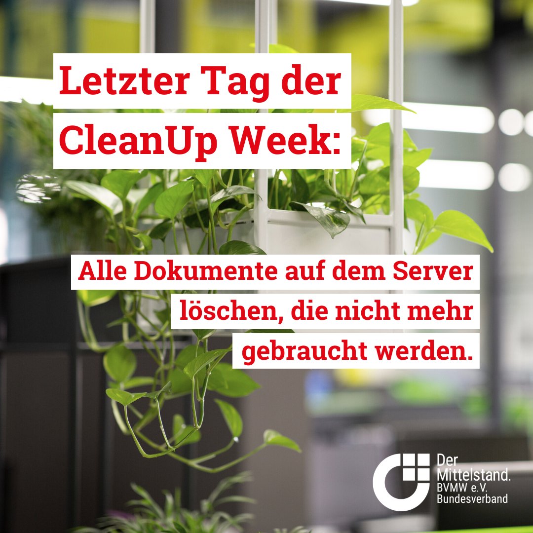 MittelstandBVMW's tweet photo. Die letzte Aufgabe unserer #DigitalCleanUpWeek: Server aufräumen! 

👉 Löschen Sie Dateien, die Sie &amp; Ihr Team nicht mehr brauchen

👉 Überprüfen Sie, ob die Ordnerstruktur effizient ist &amp; optimieren Sie diese ggf.

Damit sparen Sie Speicherplatz, Energie &amp; Zeit! https://t.co/C4qg42PHMx