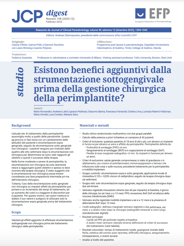 Esistono benefici aggiuntivi dalla strumentazione sottogengivale prima della gestione chirurgica della perimplantite? - read JCP Digest 108 in Italian. #EFPerio #JCPbyEFP
bit.ly/3ZSPCwx