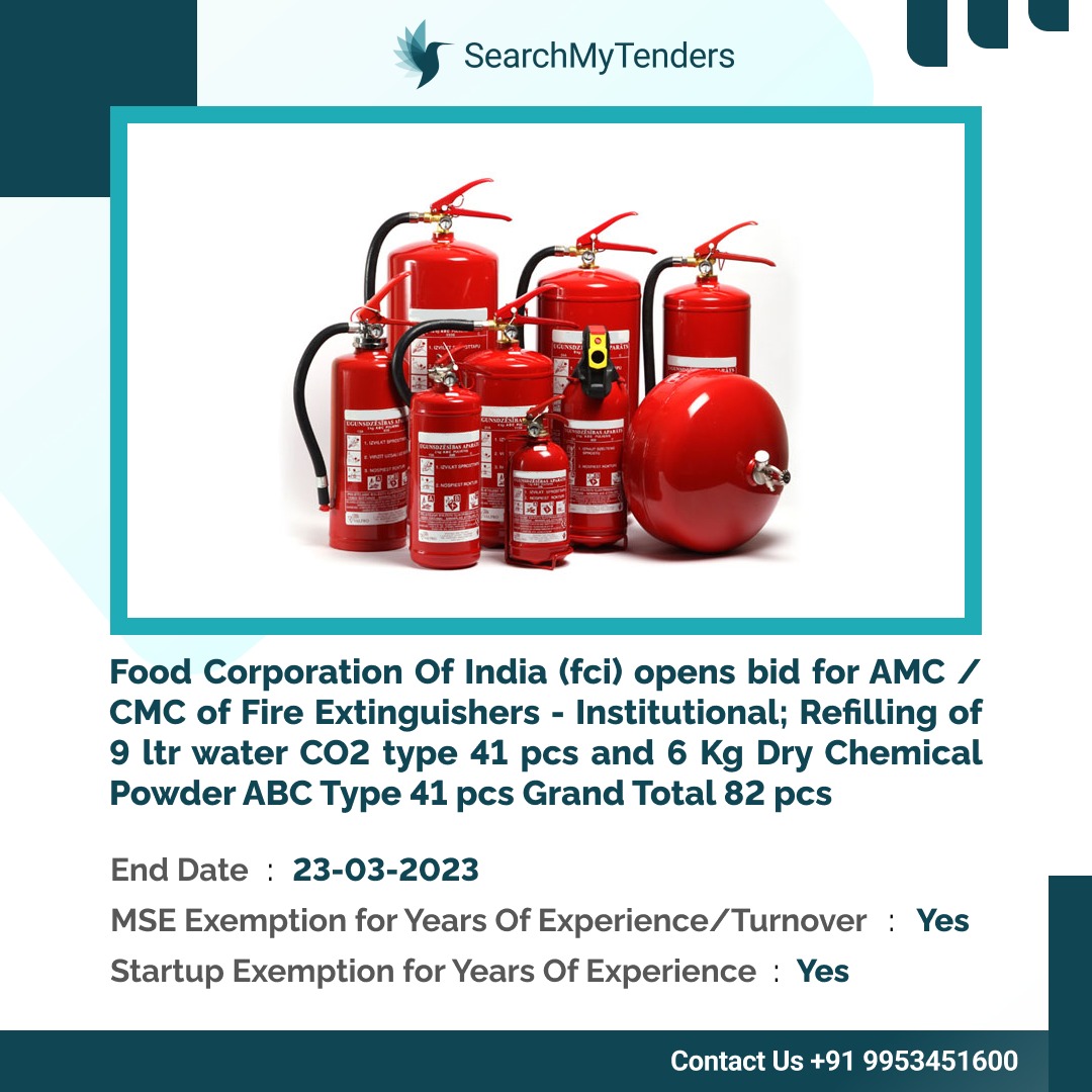 Organization Name : Food Corporation Of India (fci)
Location : SURI, BIRBHUM (West Bengal)
End Date : 23rd March 2023 08:00 PM
contact@searchmytenders.com
09953451600
searchmytenders.com
#extinguisher #fire #fireextinguisher #SearchMyTenders  #OnlineTenders #GemRegistration