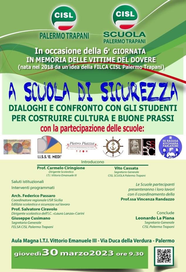 leonardolapiana's tweet photo. La mattina del 30 marzo a Palermo commemoriamo le “vittime del dovere “con un incontro con 6 scuole palermitane per parlare e far parlare di sicurezza @CislNazionale  @CislSicilia  @CislPaTp  @tp_pa  @scuola_cisl  @cislscuola @felsasicilia @FelsaCisl @VitinoVito https://t.co/bzIqgIym6b