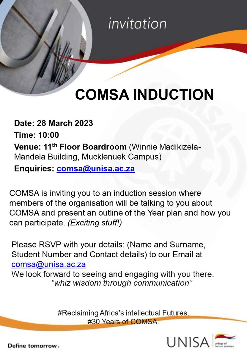 [INVITATION] COMSA Invites all students in the Department of communication Science and Public relations to join an Induction for the year 2023. 
Please RSVP to attend on our COMSA email at comsa@unisa.ac.za 

See you there. 💃💃 

#Reclaiming Africa's intellectual Futures.