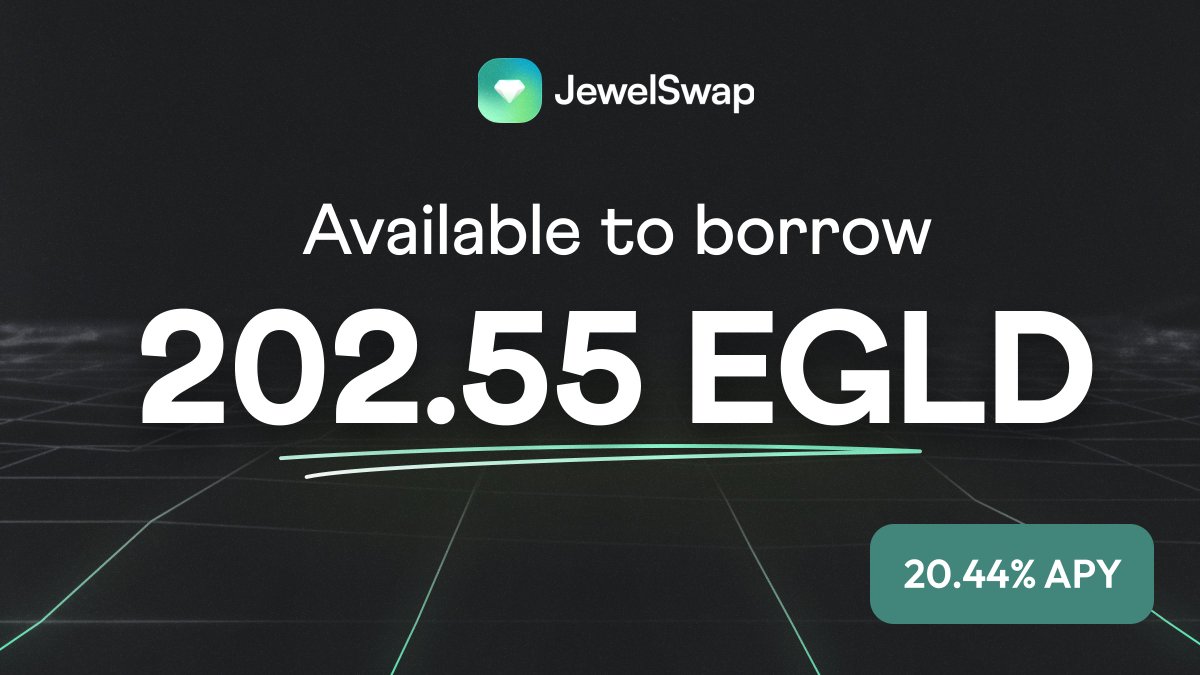 JewelSwapX's tweet photo. We start 17th of March with these stats 👇
- 202.55 #EGLD available to borrow
- 417 total loans
- 133.91 EGLD in active loans
- 273.94 #NFT collateral

20.44% APY 🎉
We're proud to serve @EGLD_Community &amp; be @MultiversX first. https://t.co/RdKZHxt6Fx
