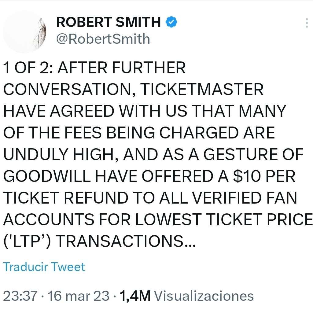 CriadoEnterado's tweet photo. 👏👏👏  ROBERT SMITH acaba de hacer historia al plantar cara a Ticketmaster/Live Nation y lograr que devuelvan a los fans hasta 10 dólares del precio de las entradas de esta gira de THE CURE. 🎩

Friday, I'm in love with you, Robert. https://t.co/4ilC6ONnxN