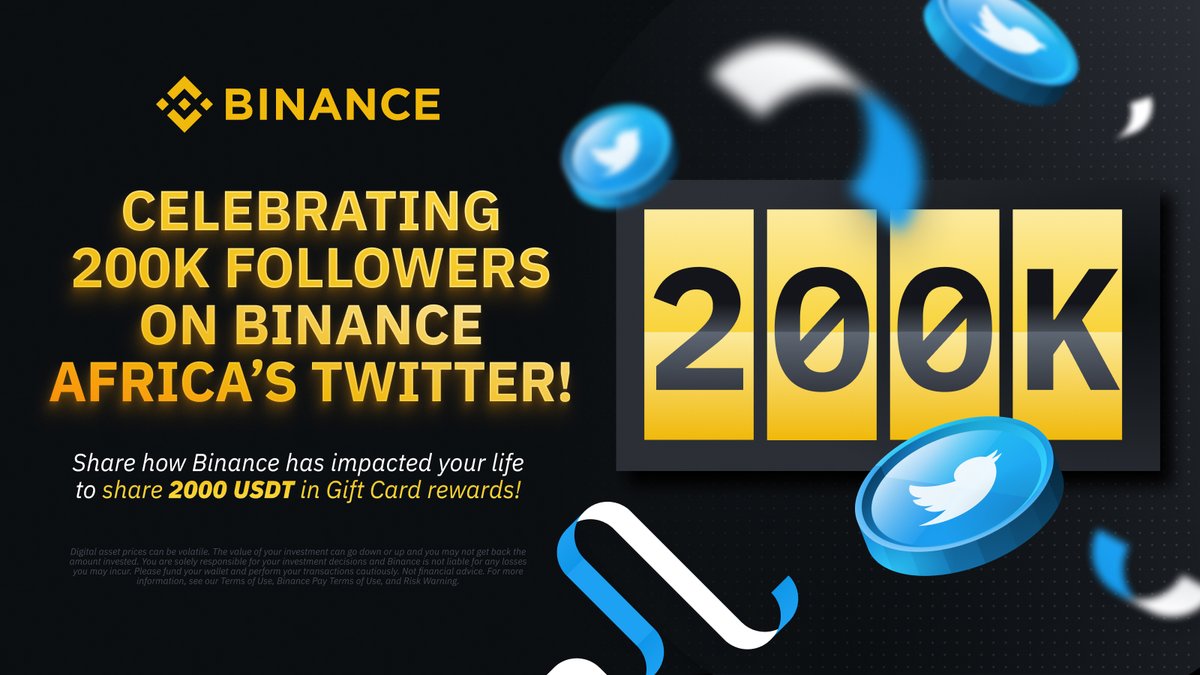 We hit 200k Twitter followers 🥳

To celebrate, we're giving away 2000 USDT in Gift Card rewards 👉 200 winners

🔸RT &amp; Follow @Binanceafrica
🔸Share how #Binance has impacted your life with #BinanceForMe
🔸Tag 4 friends to join the fun 🎉
🔸Fill entry ➡️ forms.gle/H5hkkkTxP3niKw…