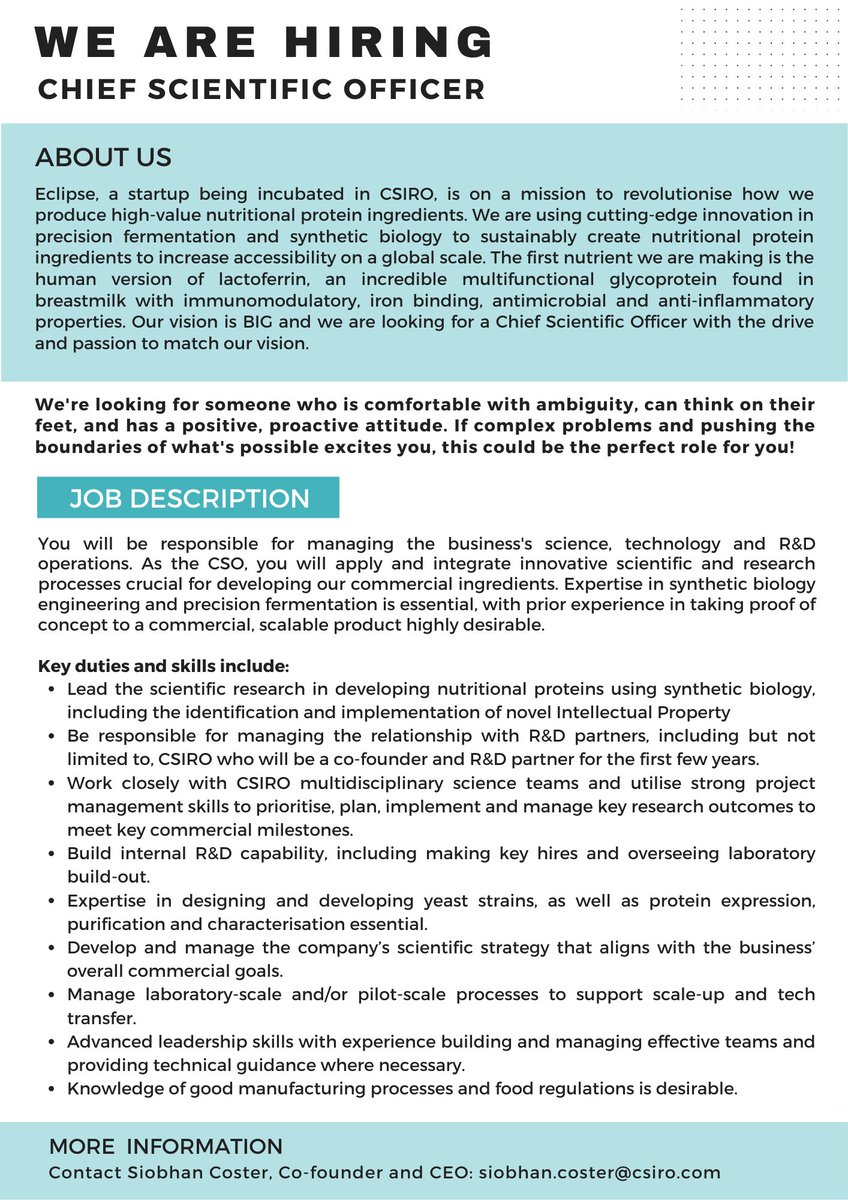 SBA Brisbane (@sbabrisbane) on Twitter photo Exciting news! Eclipse is seeking a Chief Science Officer to join its Synbio food tech startup. If you have a passion for managing science, technology, and R&D operations, Eclipse will love to hear from you! Contact Siobhan Coster, Co-founder and CEO: siobhan.coster@csiro.com Exciting news! Eclipse is seeking a Chief Science Officer to join its Synbio food tech startup. If you have a passion for managing science, technology, and R&D operations, Eclipse will love to hear from you! Contact Siobhan Coster, Co-founder and CEO: siobhan.coster@csiro.com