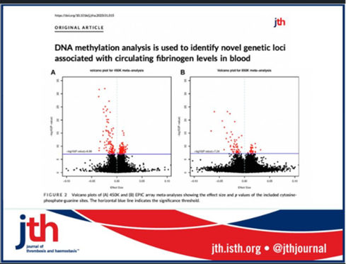 Hahn et al @UTHealthHouston examine link blood DNA methylation levels and circulating fibrinogen levels & find 83 replicated CpG sites in 61 loci of interest. 
Associations ▶️inflammatory pathways shared by both fibrinogen & CRP.
@aswolberg 

lnkd.in/gry3P5zZ