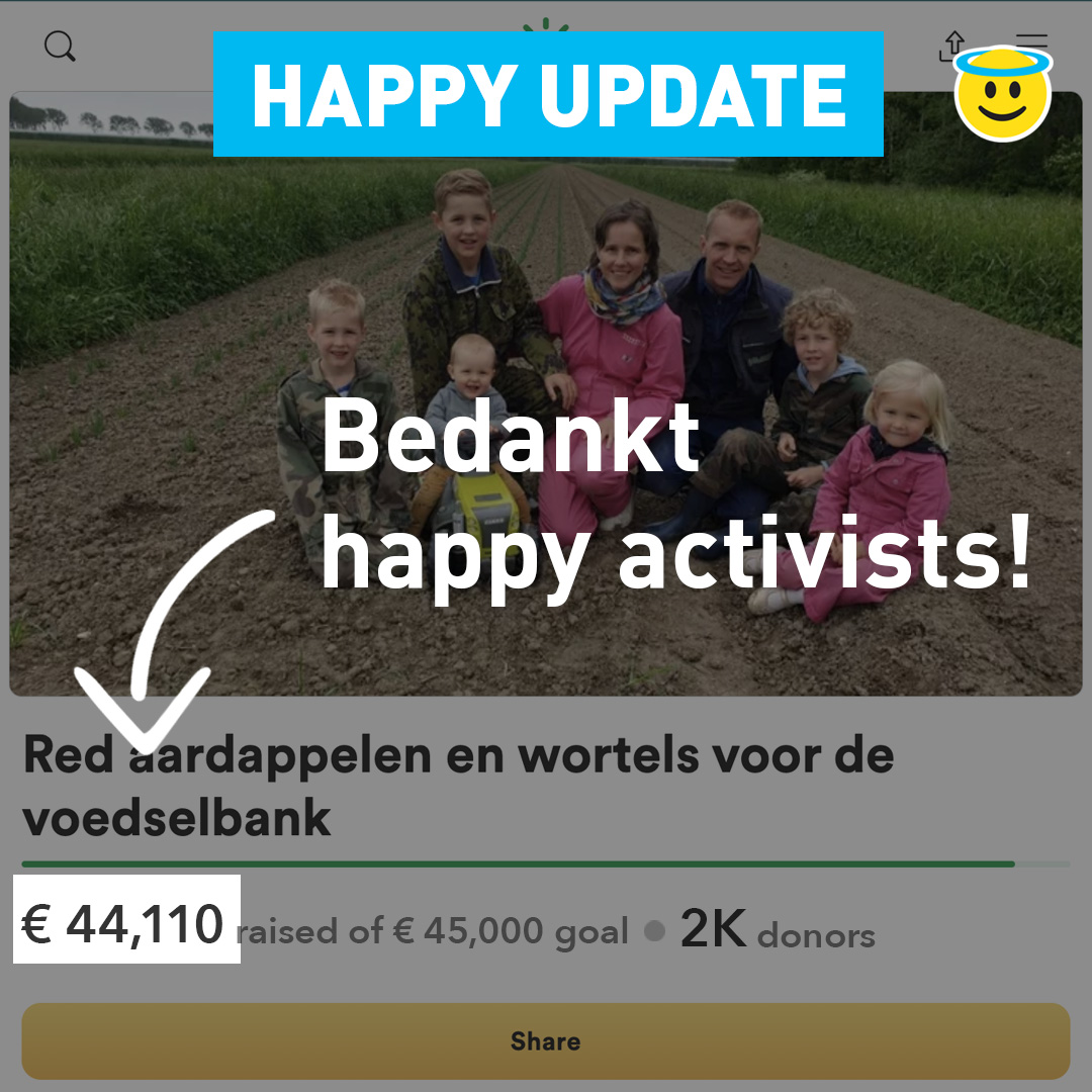 happyactivistnl's tweet photo. Even een #HappyUpdate
Mede dankzij al jullie likes, shares en donaties is er in 48 uur zo’n €25.000 extra opgehaald voor biologische boer Cornelis Mosselman waarmee hij zijn overtollige bio-oogst kan doneren aan 100.000 klanten van de voedselbank. Superdank allemaal! https://t.co/zlRTp1m9B1